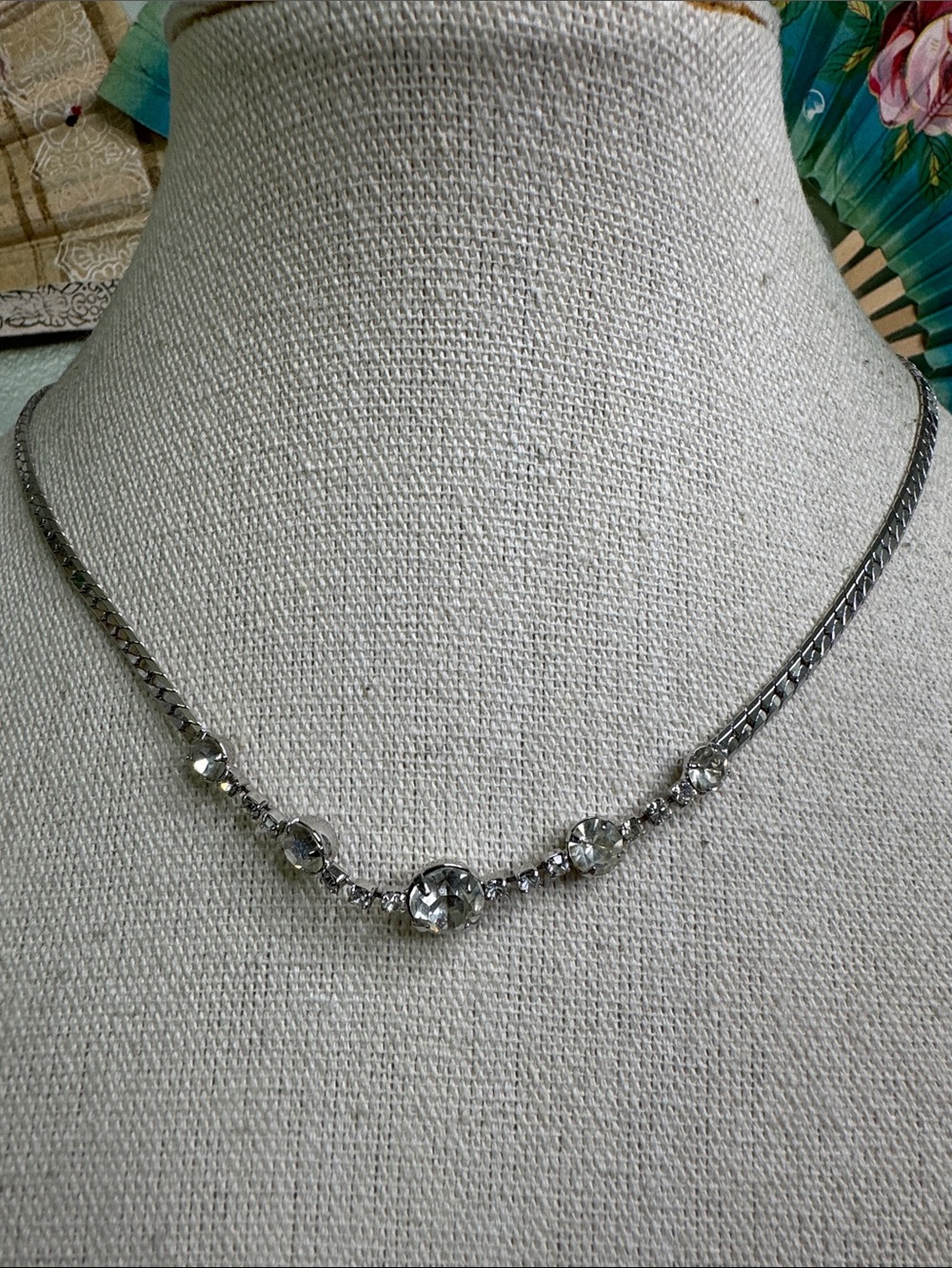 Vintage Silver-Tone Necklace with Clear Crystal Accents